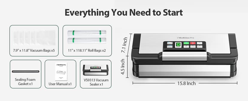 95kPa Vacuum Sealer Machine with AquaLock Technology, for Moist Seals, 2X Seal & 130W, Fully Automatic Food Sealer, Built-In Cutter, Bag Storage & Hose, Precision Sealing, 2 Bag Rolls,Stainless Steel