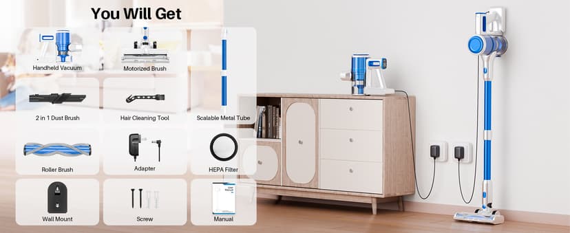 BSNAW Cordless Vacuum Cleaner for Home - Lightweight, Stick Vacuum Clean with Rechargeable Battery, Max 45Mins Runtime, 8 in 1 Handheld Vacuum for Hardfloor & Carpets Pet Hair, Blue&White