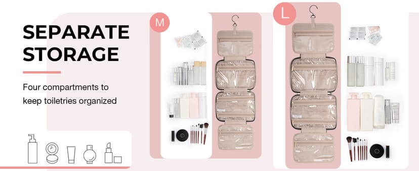 BAGSMART Large Toiletry Bag Travel Bag with Hanging Hook, Water-resistant Makeup Cosmetic Bag Travel Organizer for Accessories, Shampoo, Full Sized Container, Toiletries