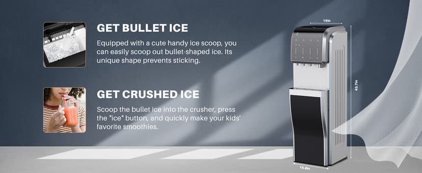 ICEPURE Multi-Function WiFi Water Cooler with Bullet and Crushed/Chewable Ice Maker, 5 Gallon Bottle Bottom Loading, Hot Cold Water Dispenser Built-in Ice Machine Combo, 35lbs/24H, Stainless Steel