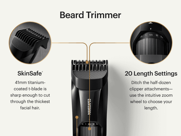 MANSCAPED MANSCAPED® The Beard Hedger® Premium Men's Beard Trimmer, 20 Length Adjustable Blade Wheel, Stainless Steel T-Blade for Precision Facial Hair Trimming, Cordless Waterproof Wet/Dry Clipper