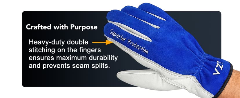 VZT 12 Pairs Bulk Winter Leather Work Gloves for Men or Women for Construction, Wood cutting, Driving, Water Resistant, Keep warm, Soft, Cowhide, Class 4 Abrasion Resistant, Blue-White, XL