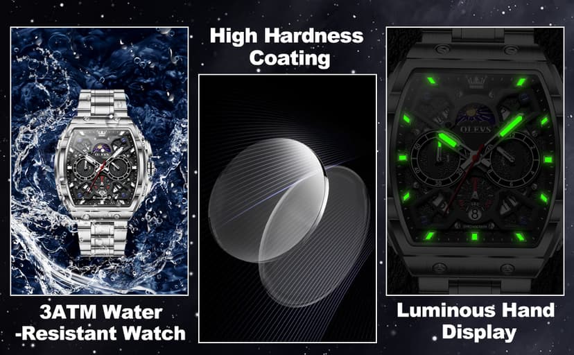 OLEVS Watches for Men Analog Quartz Luxury Diamond Waterproof Chronograph Stainless Steel Big Face Square Date Moon Phase Roman Numeral Dress Watch for Men