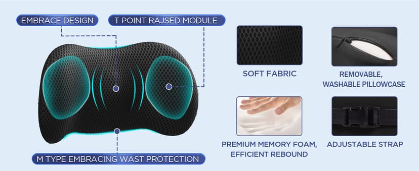 Lumbar Support Pillow for Office Chair, Car Lumbar Pillow Lower Back Pain Relief, Memory Foam Back Cushion with 4D Mesh Cover and Adjustable Straps, Ergonomic Chair Back Pillow for Car,Bed, Gaming
