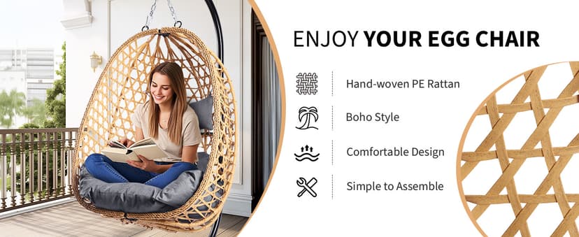 LEX CRAFT Egg Chair with Stand, Patio Wicker Hanging Chair, Hammock Swing Chair, 350LBS Capacity for Bedroom, Balcony, Garden (YE-GR)