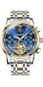 OLEVS Men Automatic Watch Skeleton 5 Hands Mechanical Classic Luxury Multi Calendar Stainless Steel Waterproof Wrist Watch for Men