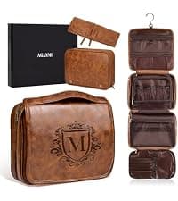 Large Hanging Leather Dopp Kit Engraved Monogram Brown Waterproof Bathroom Shaving Grooming Accessory|Luxury Unique Male Gift Personalized Gifts for Men Dad Father Birthday Toiletry Travel Bag J B0GL21B7QQ