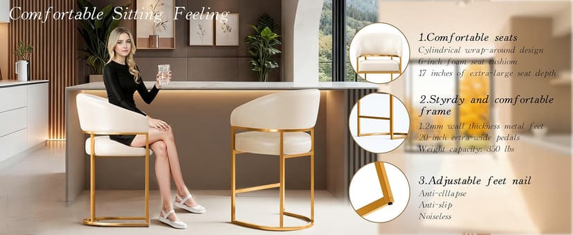 Modern Counter Height Bar Stools,Bar Stools Set of 3,PU Leather Upholstered Barrel Barstools with Backs,26" Kitchen Island Chairs,Metal Gold Frames,Beige White Leather