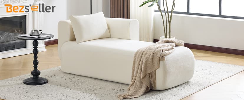 Bezseller Upholstered Chaise Lounge Indoor, Comfy Lounge Boucle Sofa, Modern Leisure Sleeper Sofa with Pillows, Recliner Chair Indoor for Living Room Bedroom Office, Beige