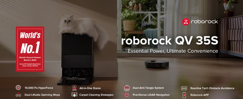 roborock QV 35S Robot Vacuum and Mop, All-in-one Vacuum Cleaner, 10,000Pa Powerful Suction, Self Emptying & Refilling, Self Mop Washing & Air Drying, Anti-Tangle Brushes for Home, Pet Hairs, Black