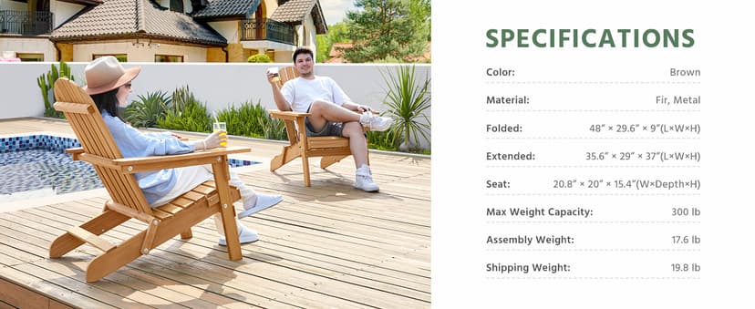 Yaheetech Folding Adirondack Chair Set of 6 Outdoor, 300LBS Solid Wood Garden Chair Weather Resistant, Fire Pit Lounge Chairs for Garden/Yard/Patio/Lawn, Natural Wood