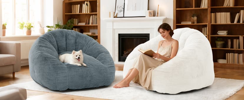 Bean Bag Chair for Adults, Soft Faux Fur Giant Beanbag Chairs, Oversized Cozy Bean Bag Couch Large Reading Chair, Comfy Bean Bag Sofa for Living Room, Bedroom & Dorm, Beige