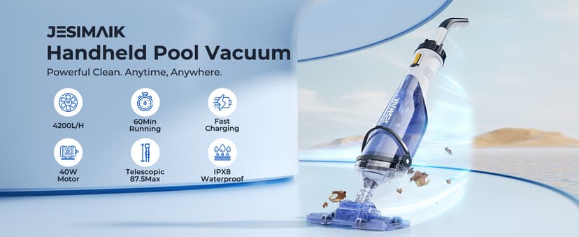 Pool Vacuum for Above Ground Pool, JESIMAIK 18.5 GPM Powerful Suction Handheld Pool Vacuum, 60min Runtime,Telescopic Pole Cordless Pool Vacuum for Above/Inground Pool, Spas, Hot Tubs Cleaning