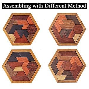 KINGOU Hexagon Tangram Puzzle Wooden Brain Puzzles for Kids & Adult Challenge Wooden Brain Teasers Puzzle Games for Family Party Gift - Brain Games for Kids