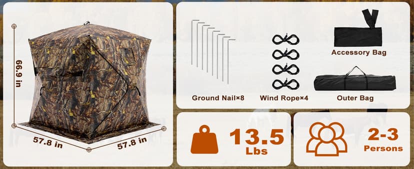 OLIXIS 270°See Through Hunting Blind, 2-3 Person Pop Up Camouflage Tent with Carrying Bag, Portable Hunting Tent with Accessory Bag