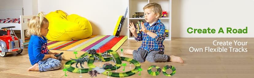 Dinosaur Toys,Create A Dinosaur World Road Race,Flexible Track Playset and 2 pcs Cool Dinosaur car for 3 4 5 6 Year & Up Old boy Girls Best Gift