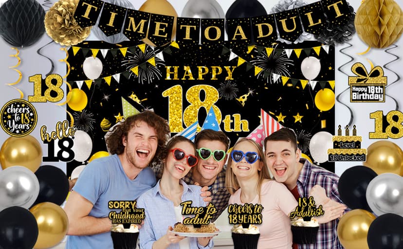 18th Birthday Decorations for Boys Girls, Black Gold Happy 18th Birthday Party Decorations, Time To Adult Birthday Banner, Backdrop, Balloons, Hanging Swirls, BIrthday Cards, Cake Topper, Pompom 52pcs