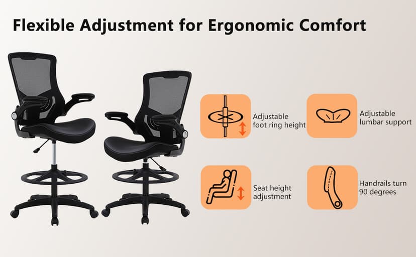 BestOffice Drafting Chair Ergonomic Tall Office Chair Standing Desk Chair with Flip Up Arms Foot Rest Back Support Adjustable Height Mesh Drafting Stool, Dark Black