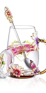 Luka Tech Enamel flower Lead-free Glass Coffee Mugs Tea Cup with Steel Spoon, Best Birthday Gifts For Women Wife Mom Friends Mothers Valentines Day Christmas