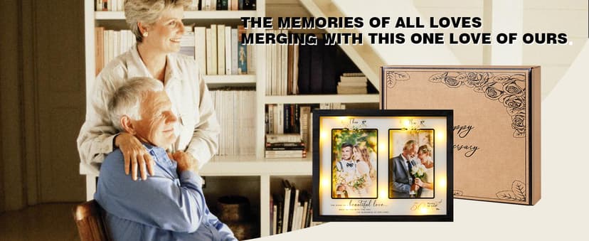 Then & Now 50th Anniversary Picture Frame for Couple, Celebrate Years of Love Anniversary Wooden Photo Frame for Parents, Husbands, Wives, Wedding Engagement Gifts, Double Frame 4x6 Photos Black