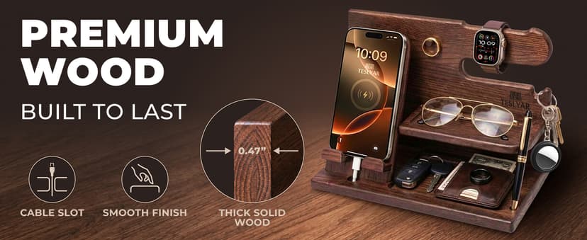 TESLYAR Wood Phone Docking Station for Men - Desk or Nightstand Organizer - Birthday Gifts for Husband, Dad - Anniversary Idea from Wife - Key Holder, Stand Wallet, Watch & Essentials (Bourbon Brown)