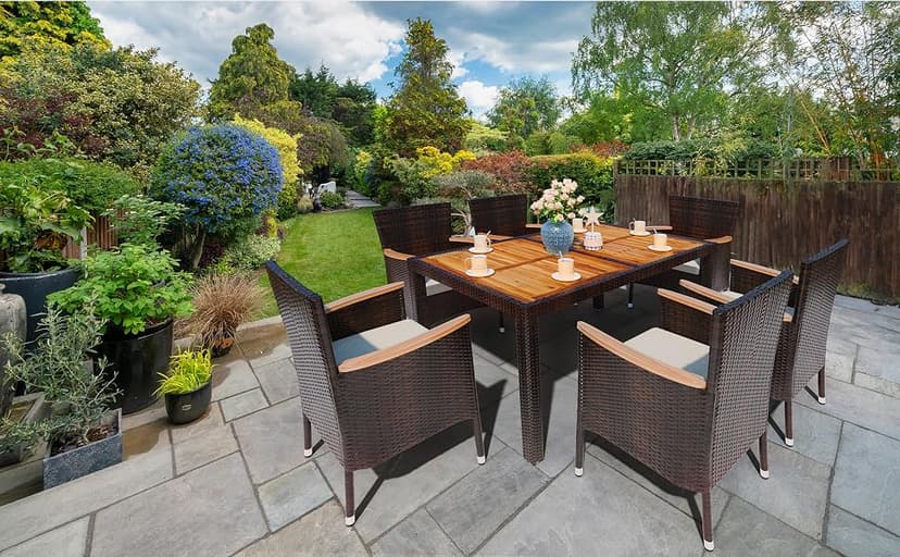 Shintenchi 7 Piece Patio Dining Set, Wicker Patio Conversation Set with Wooden Table Top, Outdoor Table and Chairs with Soft Cushions for Backyard, Deck and Garden, Brown Rattan