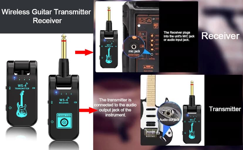 Wireless Guitar System 2.4 GHz with 8 Channels Rechargeable Audio Wireless Guitar Transmitter Receiver for Electric Guitar Bass Electric Wind Instruments,48K/16bit Real-time Transmissio (Black)