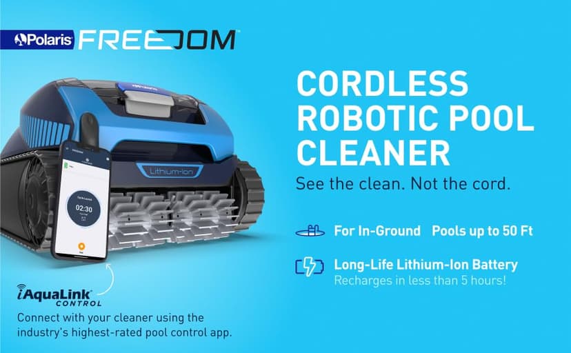 Polaris Freedom Cordless Robotic Pool Cleaner, Cable-Free for All In-Ground Pools up to 50ft, Four Cleaning Modes & Intelligent Cleaning Technology
