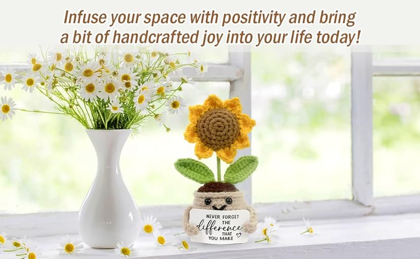 Mini Positive Crochet Sunflower, Cute Cheer Up Gifts for Women, Crochet Plant with Optimistic Card for Nurse Teacher Boss, Thank You Gifts for Friends, Coworker and Sunflower Decor