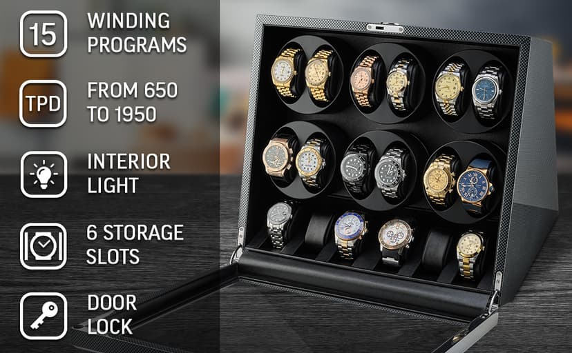 TIMECUBE 12 Watch Winder with 6 Storage Slots, LED Light and Automatic Motor-Stop (Carbon)