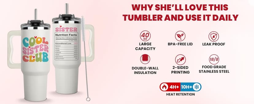 Cool Sister Club Tumbler 40Oz - Big Sis Gift Ideas, Funny Coffee Presents for Her, Cute Sibling Tumbler with Handle for Younger or Older Sisters, Birthday Gifts for Women and Teenage Sis