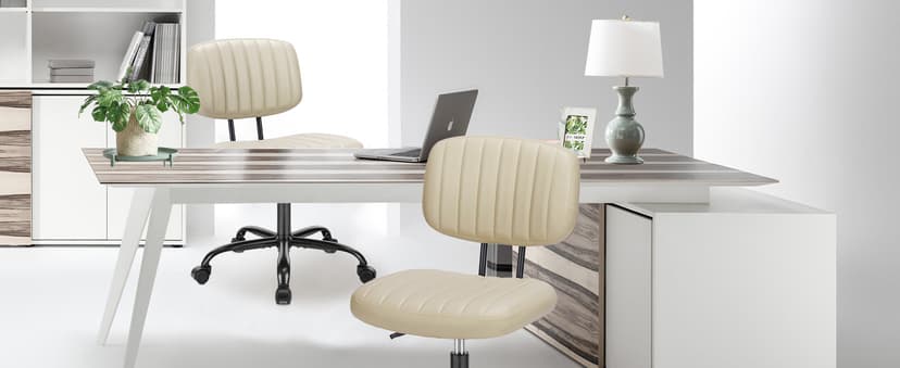 Sweetcrispy Small Office Desk Chair - Armless PU Leather with Comfy Lumbar Support, Height Adjustable Rolling Swivel Task for No Arms, for Adult, Student, Bedroom, Home, Vanity, Beige White