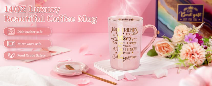 Best Friend Birthday Gifts for Women, Unique Friendship Gifts Ideas for Bestfriend, Female Besties, BFF Sister, 14oz Pink Marble Coffee Cup with Lid Spoon Card, Box, Best Friends Gift Basket Set of 6