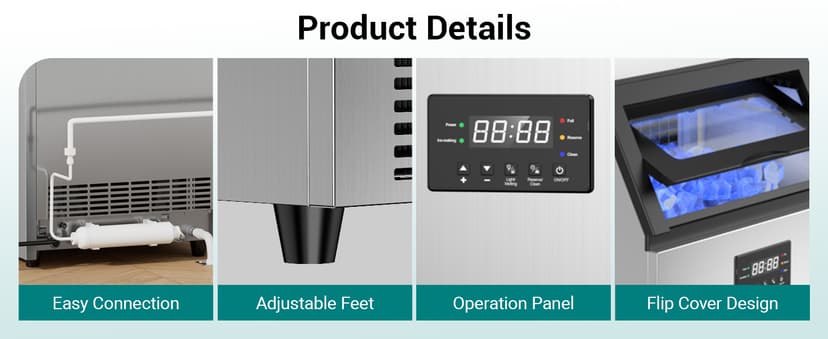 ETL Approval Commercial Ice Maker Machine 150 Lbs/24H Stainless Steel, with 50Lbs Bin, Under Counter or Freestanding Ice Maker, 55 Ice Cubes in 8-15 Minutes for Home & Commercial