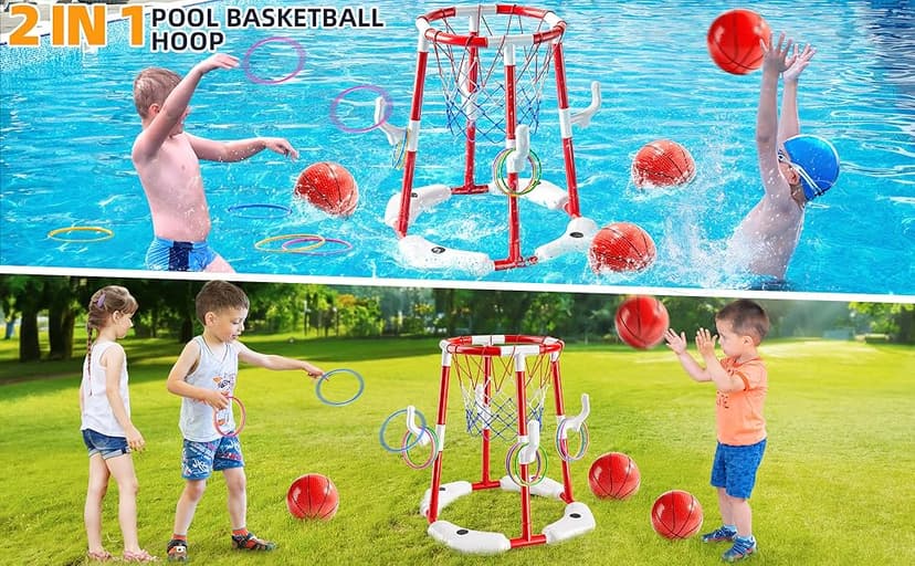 Pool Basketball Hoop, 2-in-1 Floating Pool Toys Ring Game with 4 Balls and Pump, Outdoor Swimming Pool Basketball Games Water Play Toy Family Party for Kids Adults Age 3-12 (Red)