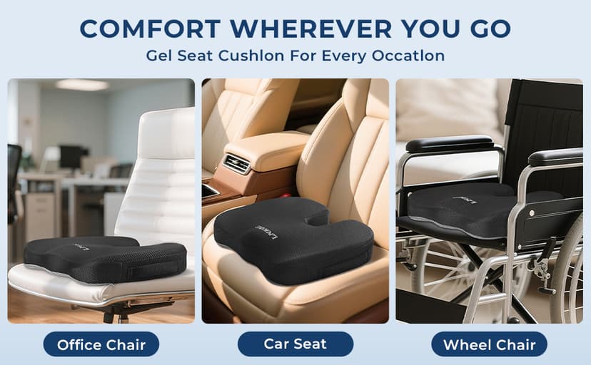 Gel Memory Foam Layer Wheelchair Cushion - Wheelchair Office Chair, Kitchen Chair, Car Seat - Pressure Pain and Tailbone Pain Relief - High Density Foam Base (Black)