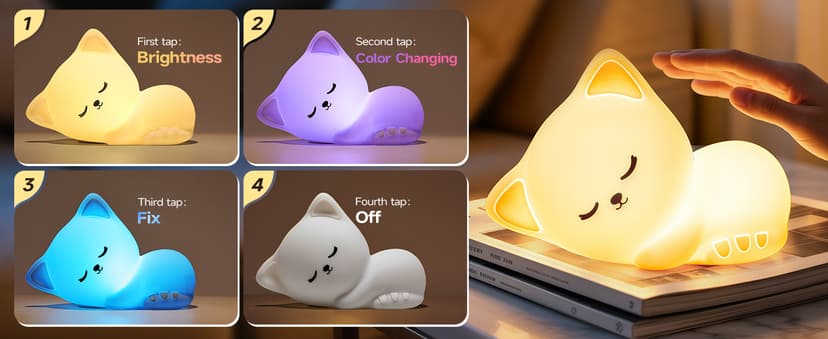 5-Level Dimmable Tap Night Light with Rechargeable Battery. Cute Stuff,Cat Room Decor & Gifts for Women,Adults, Teens & Kids. Mubarek Sleepy Cute Cat Gifts - 16-Color Silicone Night Light with Remote B0D8QGT88D