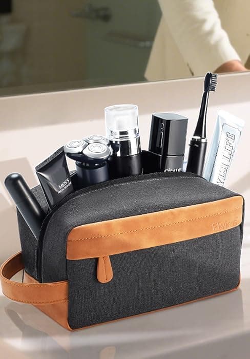 Elviros Hanging Toiletry Bag for Men Travel Essentials 3-in-1 Large Waterproof Dopp Kit PU Leather Shaving Bag with Separate Compartments for Grooming and Toiletries Mens Gift