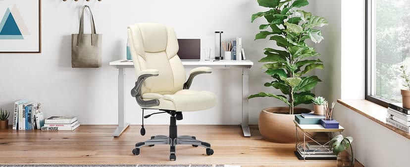 COLAMY High Back Executive Office Chair- Ergonomic Home Computer Desk Leather Chair with Padded Flip-up Arms, Adjustable Tilt Lock, Swivel Rolling Chair for Adult Working Study-Ivory