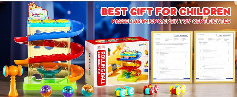 Hammer Rolling Ball, Launch and Race Car-Cause and Effect Sensory STEM Learning Toys for 1-5 Year Old Boys & Girls 2-in-1 Ball Drop & Car Ramp Race Track Montessori Toy for Toddlers Ages 1-5 B0FLDB14N8