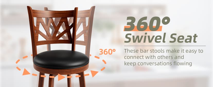Swivel Barstools Set of 4, Farmhouse 24" Counter Height Bar Stools with Backs, Lotus Pattern Carved Bar Chair with Solid Wood Legs & Footrest for Kitchen Island, Home Bar, Pub. Brown