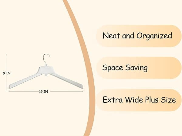 Extra Wide Hangers for Plus Size Clothes, Ganchos para Colgar Ropa,19 Inch Plus Size Hangers Ideal for XL, XXL Shirts, Coats, Dresses, Etc. Plastic. Black.