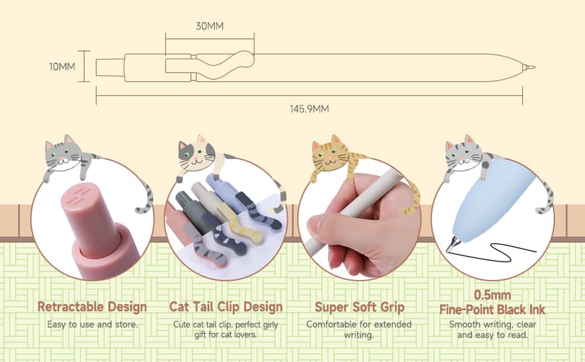 UIXJODO Cat Pens, 4 Pcs 0.5mm Cute Kawaii Black Ink Pens Fine Point Smooth Writing Pen, High-End Series Cat's Tail Retractable Pen for Journaling Note Taking (4 Pcs Cat) B0BRFT21L7