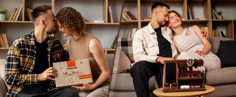 TESLYAR Wood Phone Docking Station for Men - Desk or Nightstand Organizer - Birthday Gifts for Husband, Dad - Anniversary Idea from Wife - Key Holder, Stand Wallet, Watch & Essentials (Bourbon Brown)