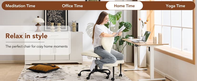 YFO Ergonomic Cross Legged Office Chair and ADHD Meditation Chair with Silent Wheels for Home Office Desk Chair and Yoga, Wider Backrest Support and Storage Pockets Design, PU Leather, Cream