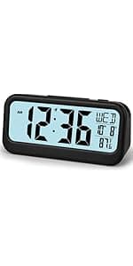 FAMICOZY Compact Digital Travel Alarm Clock with High/Low Volume Options,Simple to Set,Easy to Read,Bold Digits,Snooze Backlight,Quality Construction,2 AAA Battery Operated,Black