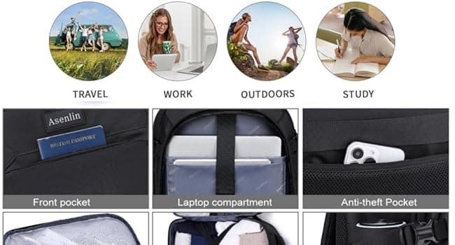 Asenlin Travel Backpack for Women and Men,Fit 15.6 Inch Carry on Backpack Flight Approved Luggage,Weekender Bag Water Resistant Laptop Backpack-Black