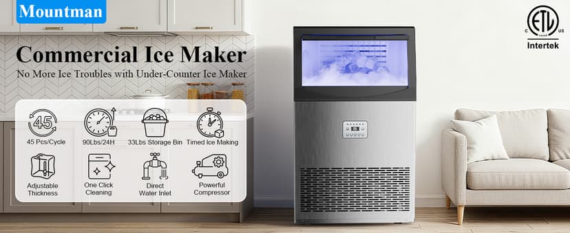 Commercial Ice Maker,200 lbs/24H,96 Cubes in 14 Mins,Stainless Steel Ice Machine with 33 lbs Storage Capacity,Water Filter,Self-Cleaning,Under Counter/Freestanding Ice Maker for Restaurant,Cafe,Home