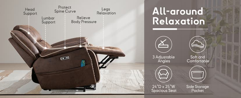 Bonzy Home Power Lift Recliner Chair for Elderly with Massage and Heating, Dual Motor Faux Leather Lift Chair with Spacious Seat, 2 Cup Holders, Adjustable Headrest (Grey Brown)