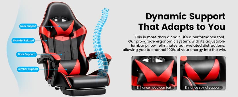 Gaming Chair, Ergonomic Computer Chair with Footrest and Lumbar Support, Height Adjustable Office Chair with 360° Swivel Seat and Headrest (Red & Black)